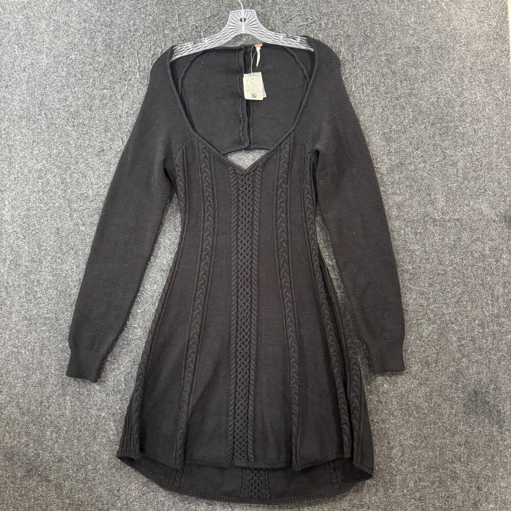 Free People Small World Dress Women's Large Black Cable Knit Cut Out Sweater